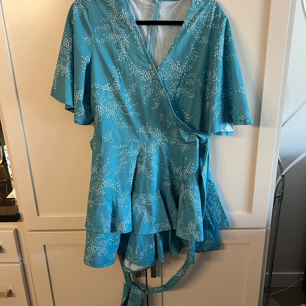 Blue Wrap Dress with White Pattern/romper